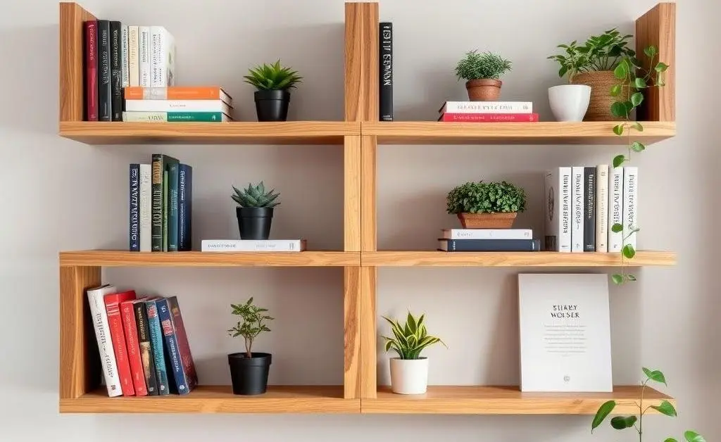 Handmade wooden shelves holding books and small plants in a home office setting.