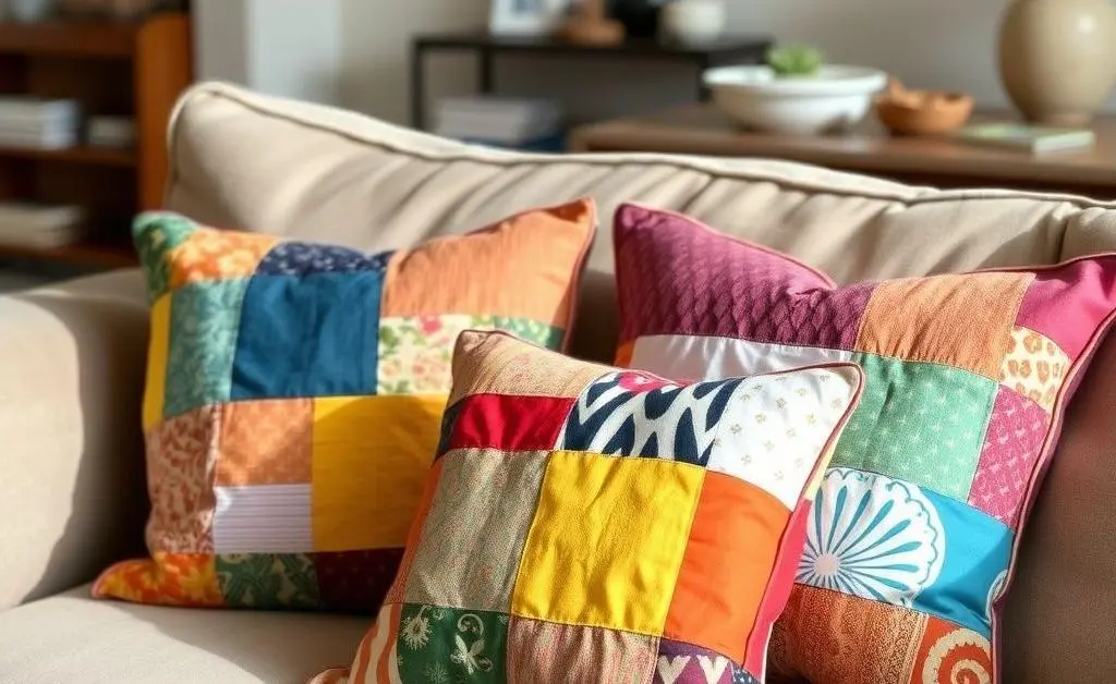 DIY pillow covers made from repurposed fabric on a comfortable couch