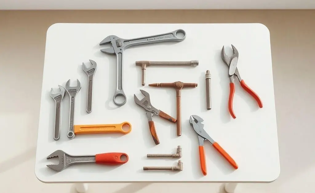 A collection of simple plumbing tools laid out on a table.