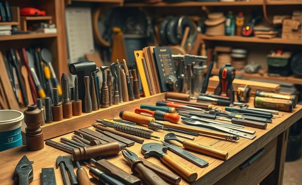 A collection of DIY tools neatly arranged on a workbench