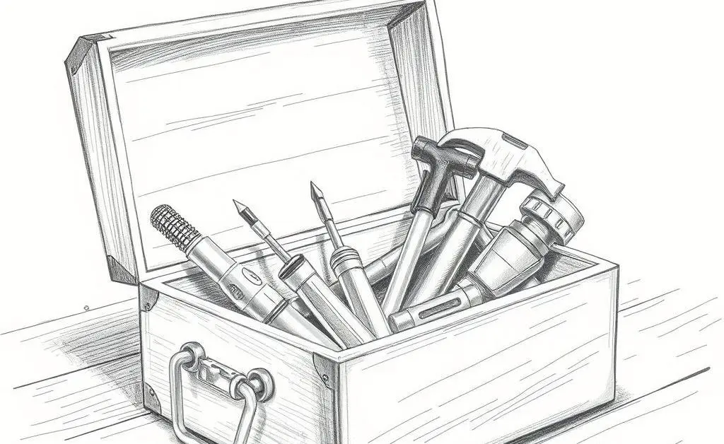 Hand-drawn image of DIY repair tools like a screwdriver, hammer, and flashlight.