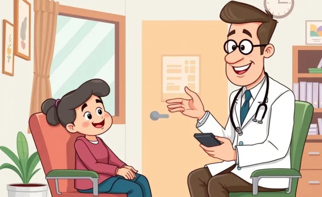 Cartoon-style image of a friendly doctor consulting with a patient