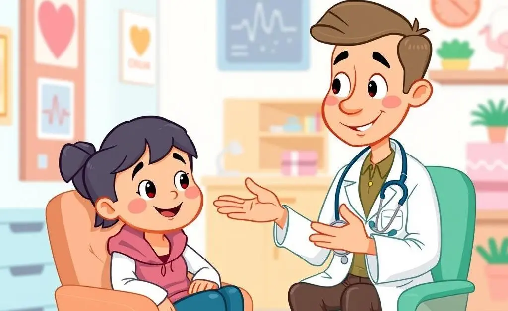 A cartoon-style doctor and patient in a consultation, both looking understanding and assuring.