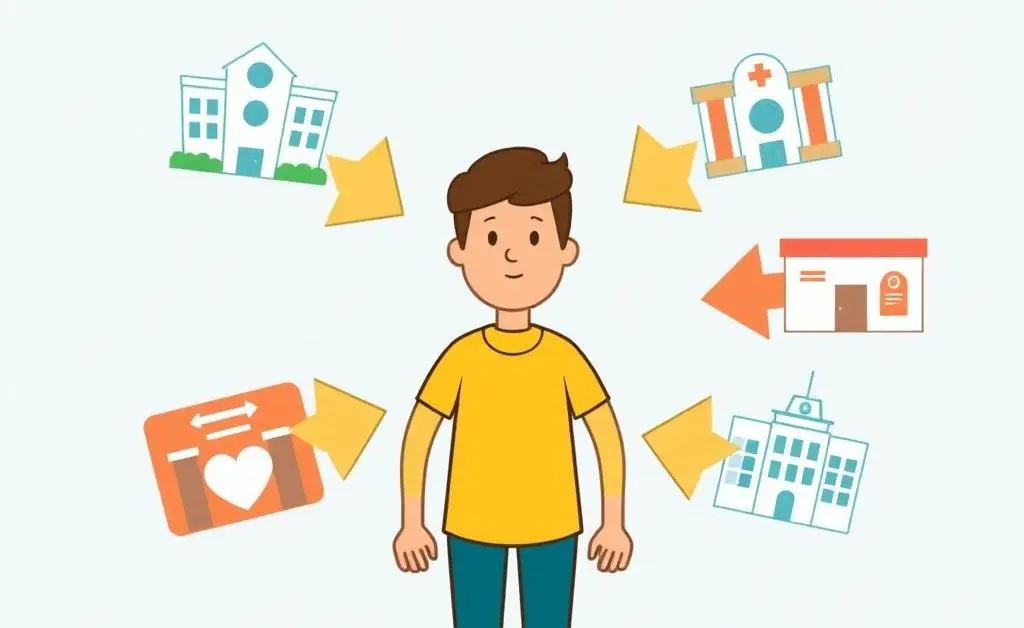Choosing healthcare options depicted by arrows pointing to hospitals and clinics