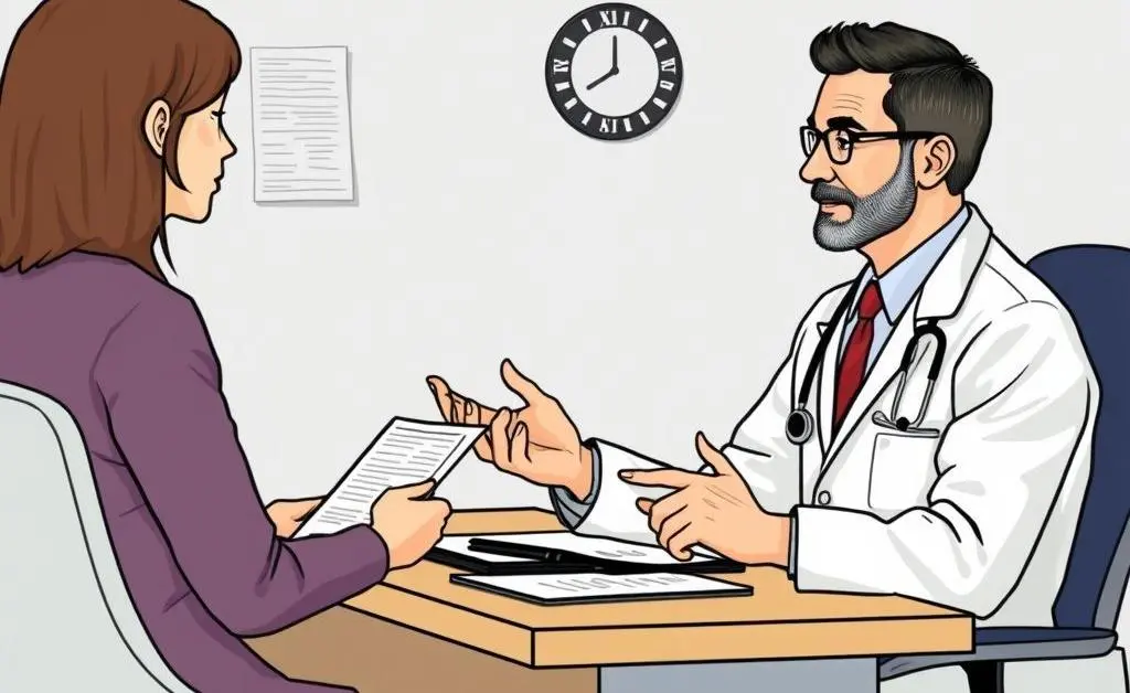 A doctor sitting at a desk explaining costs to a patient
