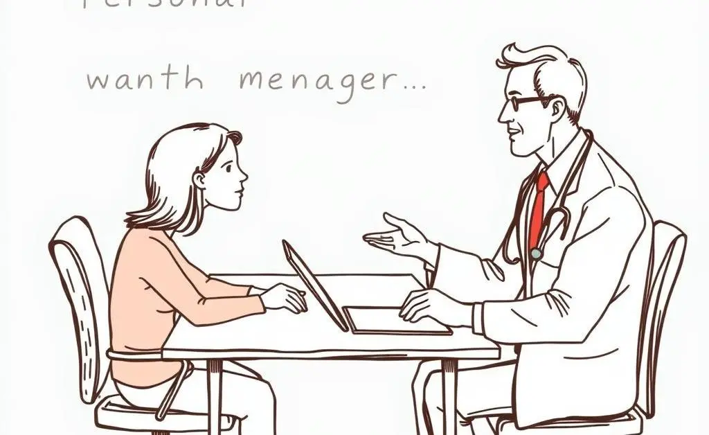 Hand-drawn style of a doctor discussing with a patient at a desk, emphasizing personal healthcare management