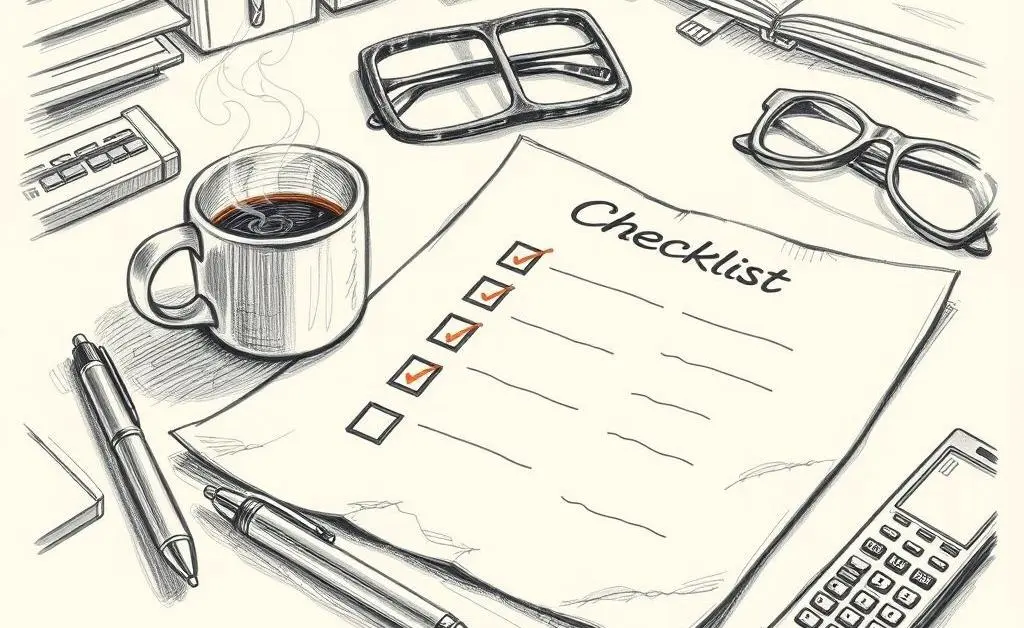 Checklist and coffee on a table with a pen and calculator