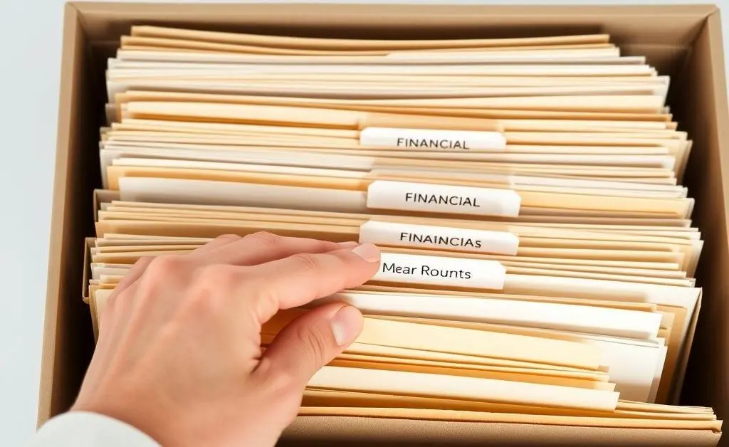 A hand organizing important financial documents into labeled folders
