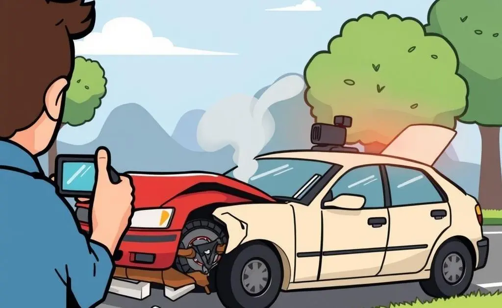 Cartoon-style illustration of a person taking photos of a car accident scene.