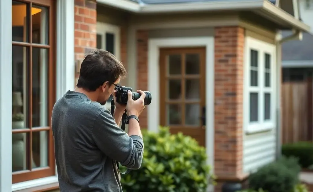 A person taking photos of their home's exterior