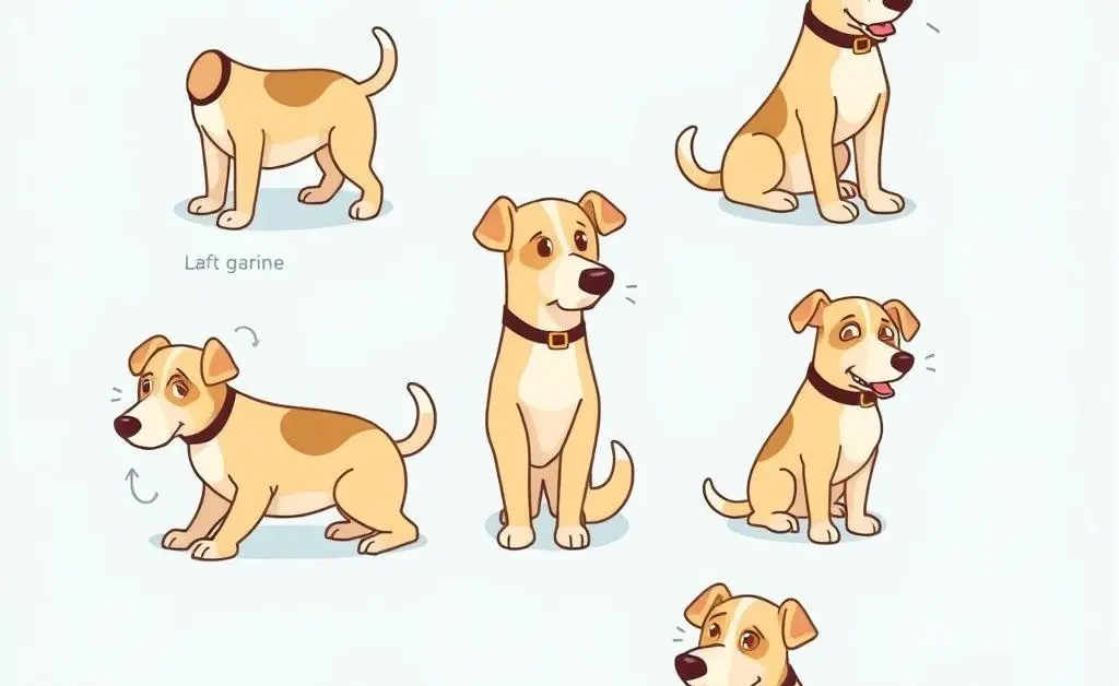 Cartoon-style illustration showing various dog body language signs