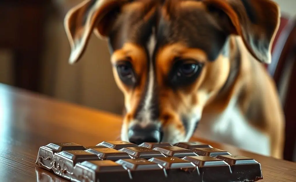 A dog looking at a chocolate bar on a table