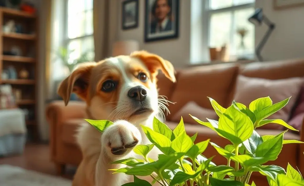 A dog pawing at a household plant