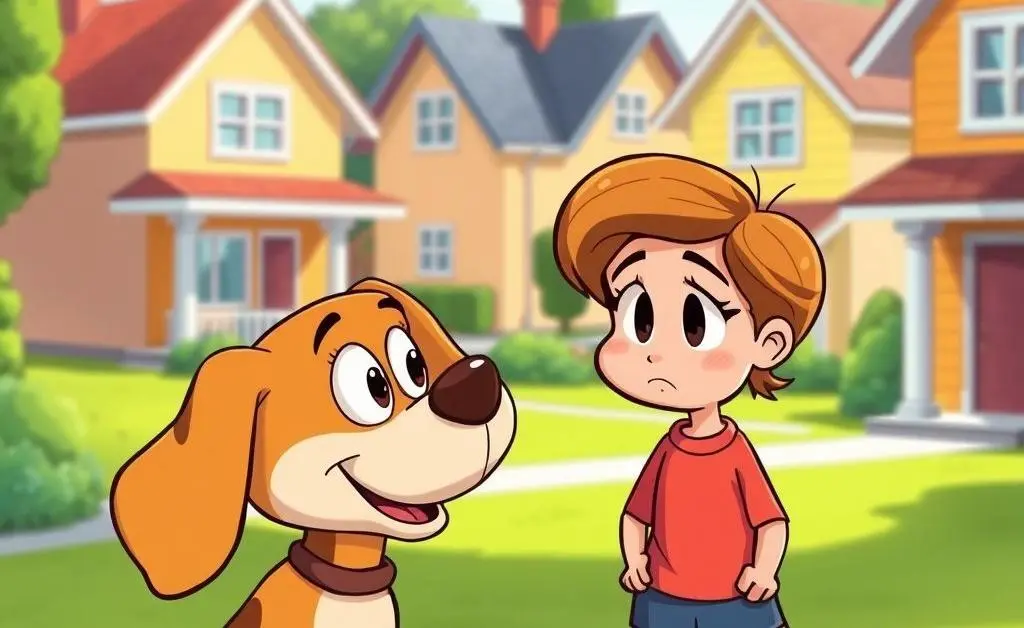 Cartoon dog with friendly eyes looking at a concerned neighbor.