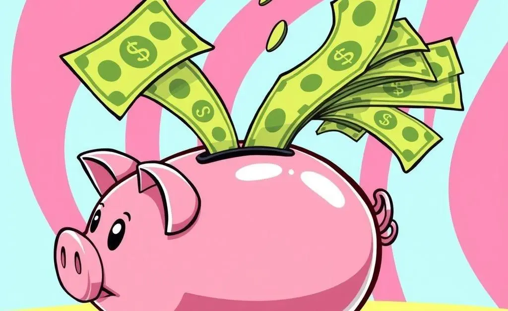 Cartoon-style image of money being funneled into an investment piggy bank.