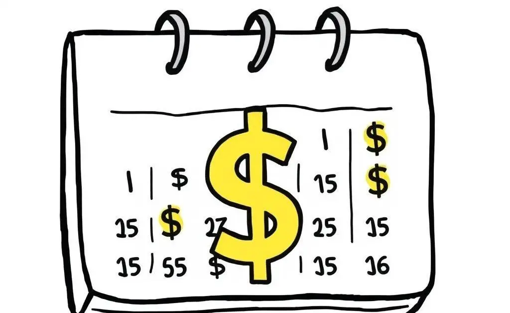 A cartoon calendar illustrating dollar-cost averaging with dollar signs on specific days.