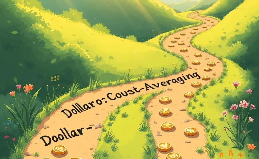 Illustration of a winding path labeled as 'Dollar-Cost Averaging' with coins scattered along it.