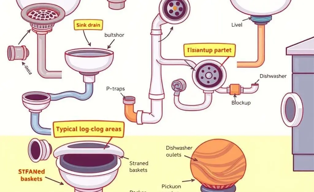 A cartoon image showing various kitchen and bathroom drain types with labels, indicating common clog areas.