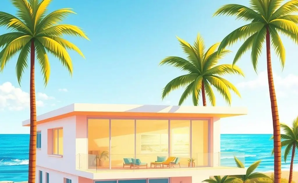 A cartoon-style rendering of a dreamy, modern beach house with palm trees and ocean view.