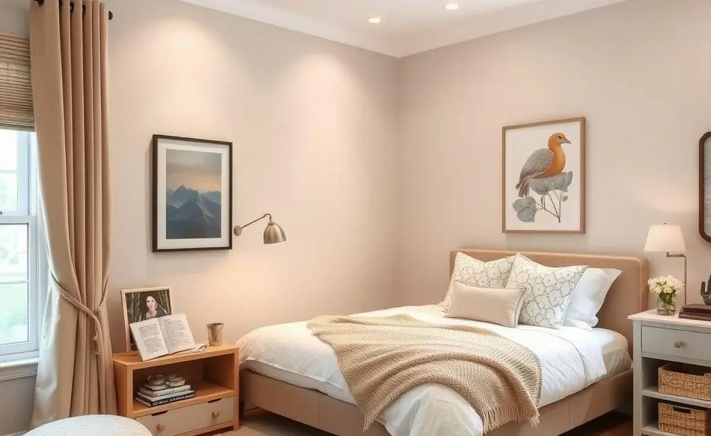 A dreamy bedroom corner with personalized elements such as a reading nook and artwork.