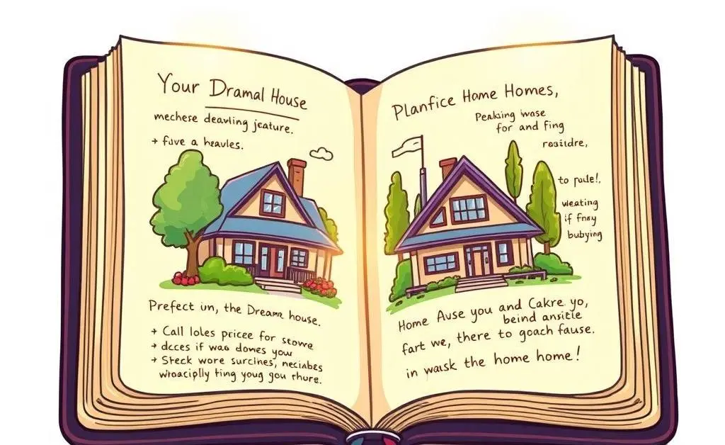 A cartoon-style diary with a drawing of a dream home