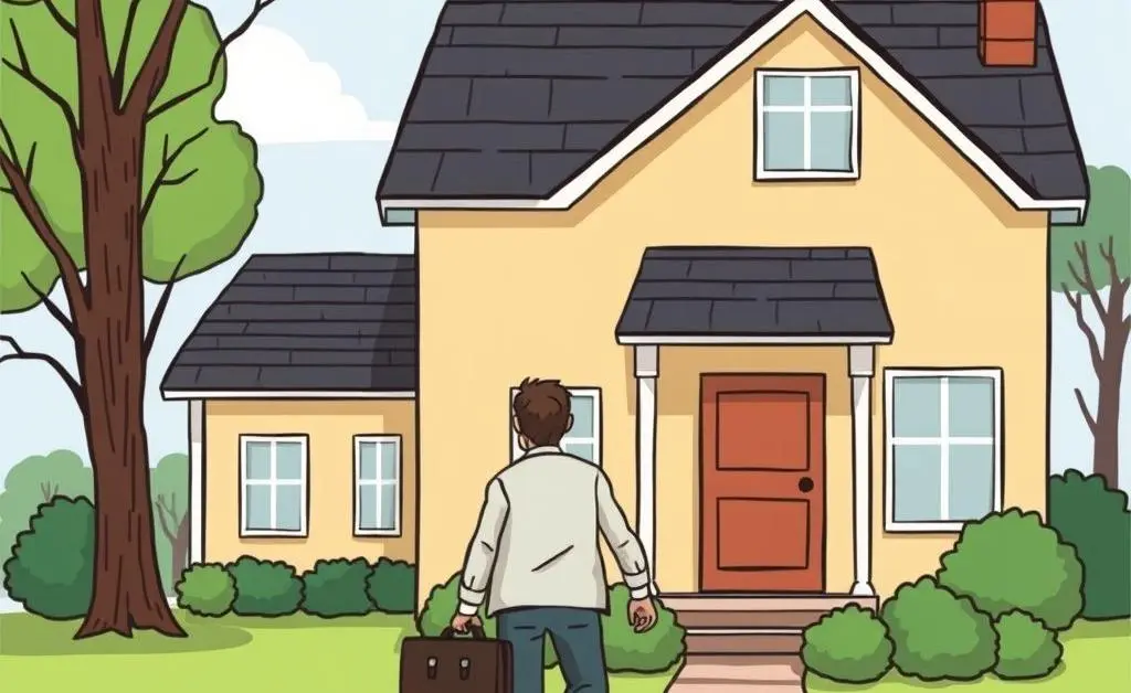 Cartoon-style illustration of a person walking towards a house with a briefcase in hand.