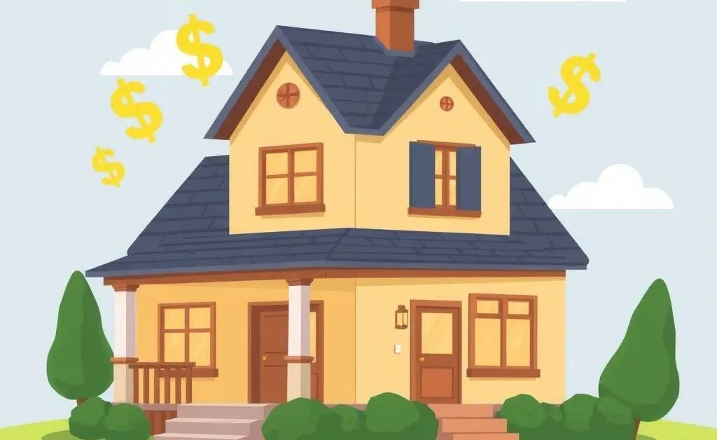 A cartoon illustration of a dream home with dollar signs and a planner's blueprint note.