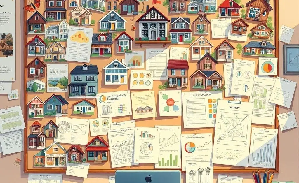Vision board with house cut-outs and financial plans