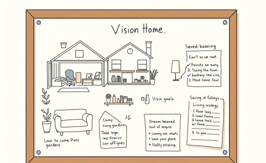 Cartoon-style vision board illustrating dream home sketches and investment goals.