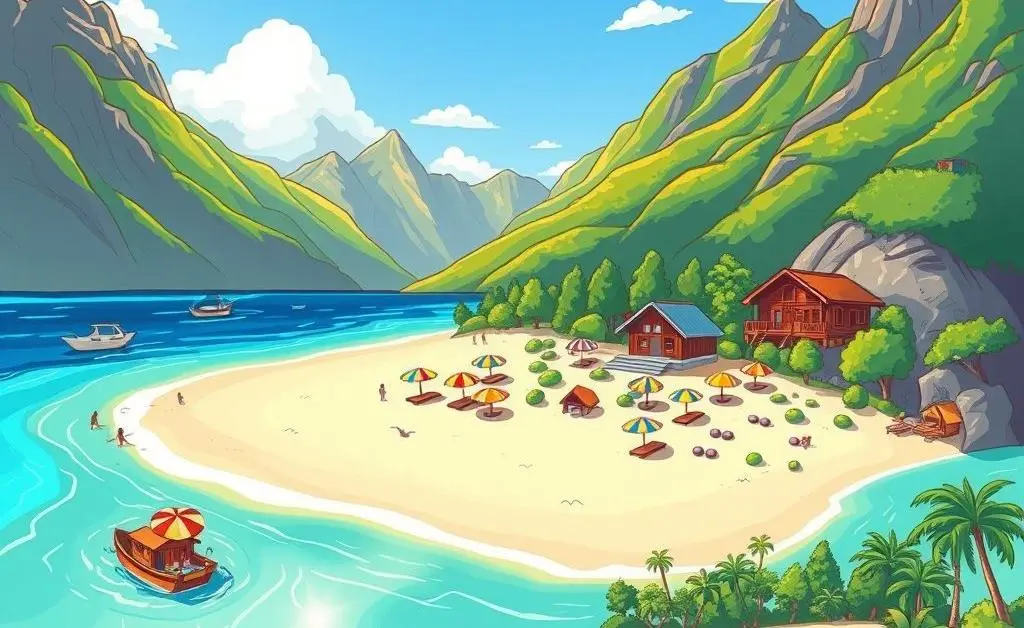 Cartoon-style image of a dream vacation scenario funded by credit card points, like a beach or mountain retreat.