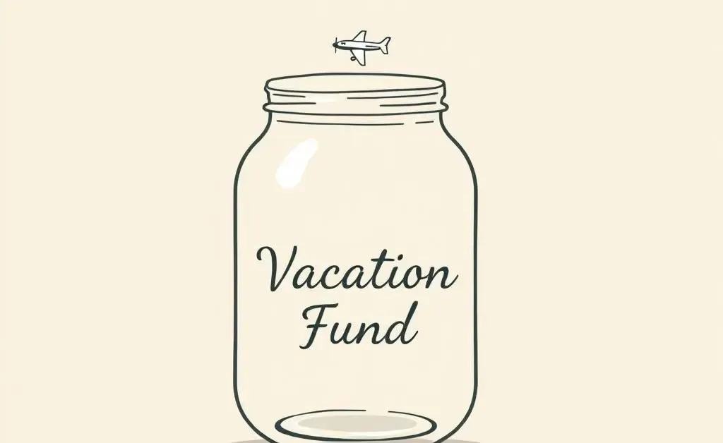 Jar labeled 'Vacation Fund' with a small plane in the background.