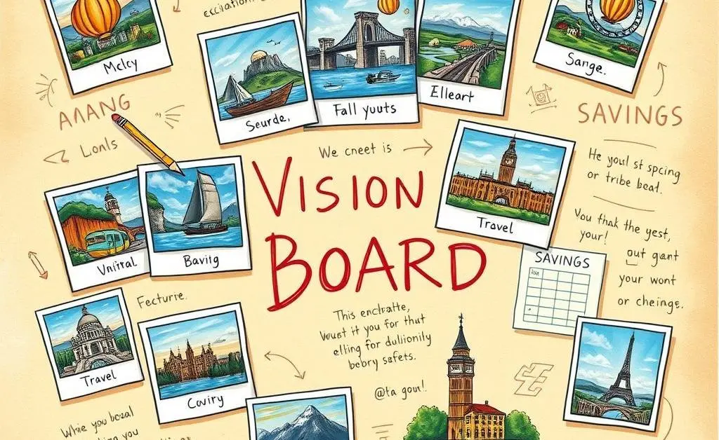 Hand-drawn image of a vision board with travel photos and savings goals.