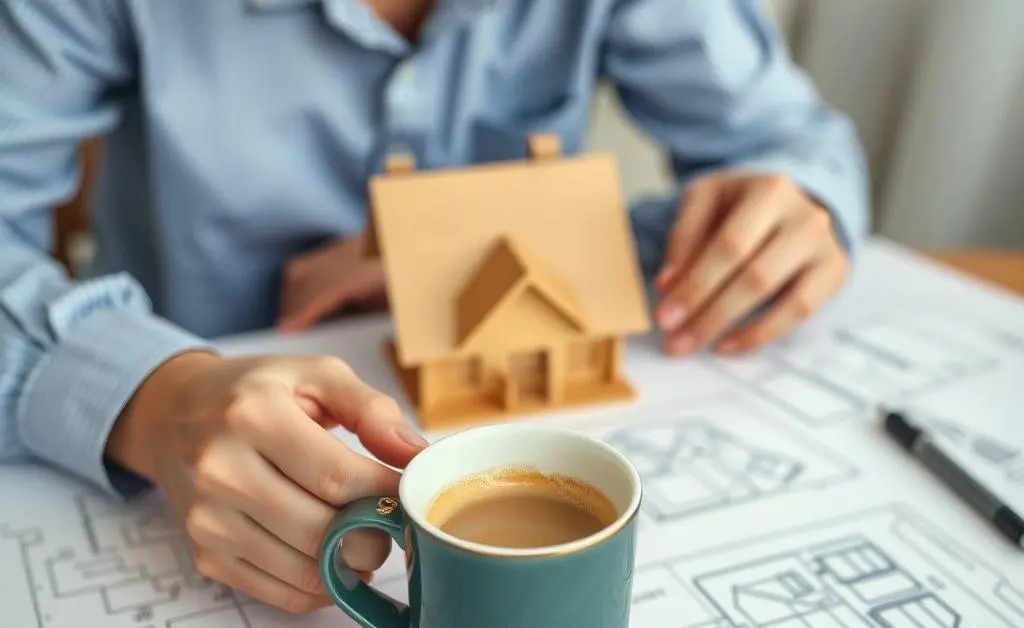 A person looking thoughtfully at house blueprints over a coffee mug