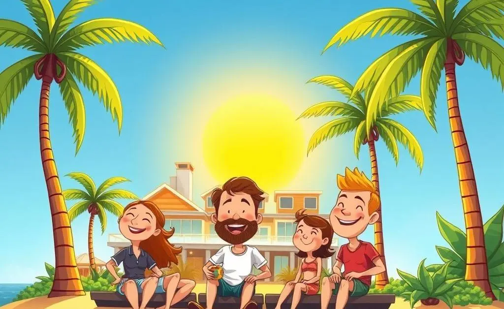 A cartoon-style family enjoying their beach property with palm trees and a bright sun.