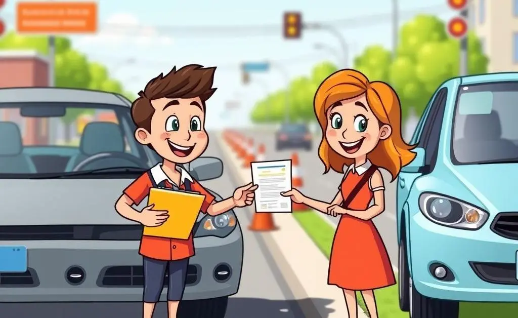 Cartoon of drivers exchanging insurance information amicably