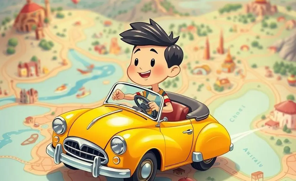 A cartoon-style scene of someone driving a toy vintage car on a large map