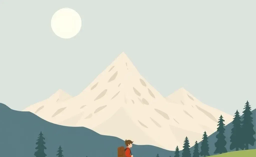 Minimalist cartoon of a person setting off on an adventure, backpacking through mountains.