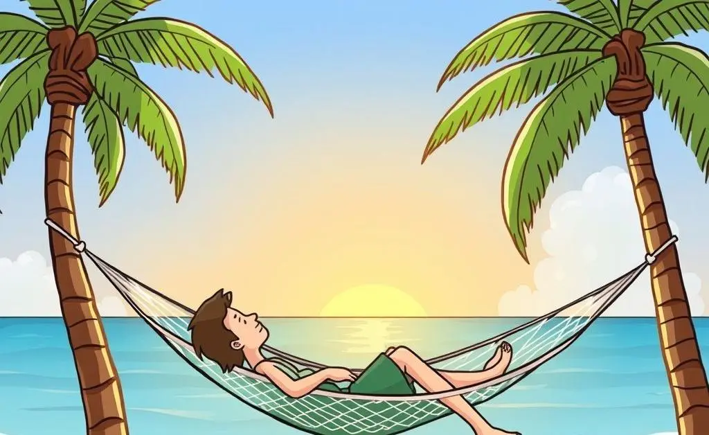 Cartoon of a person relaxing in a hammock between palm trees on a beach, representing early retirement.