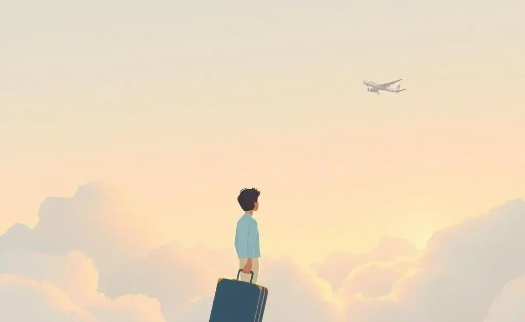 Person dreaming about travel with suitcase and airplane