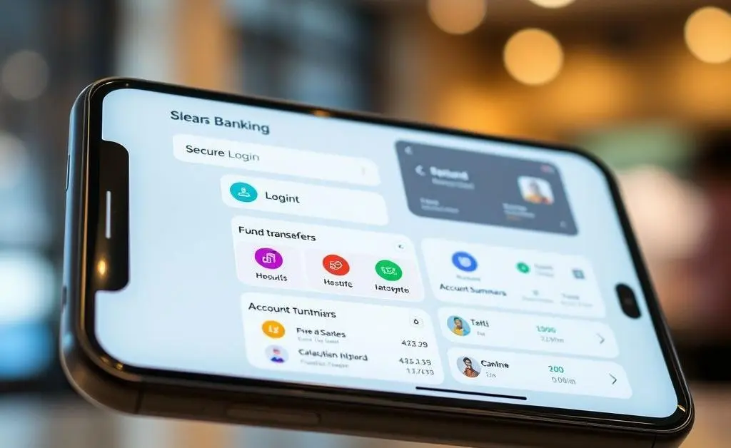 A smartphone with a banking app open, showing user-friendly interface and features.