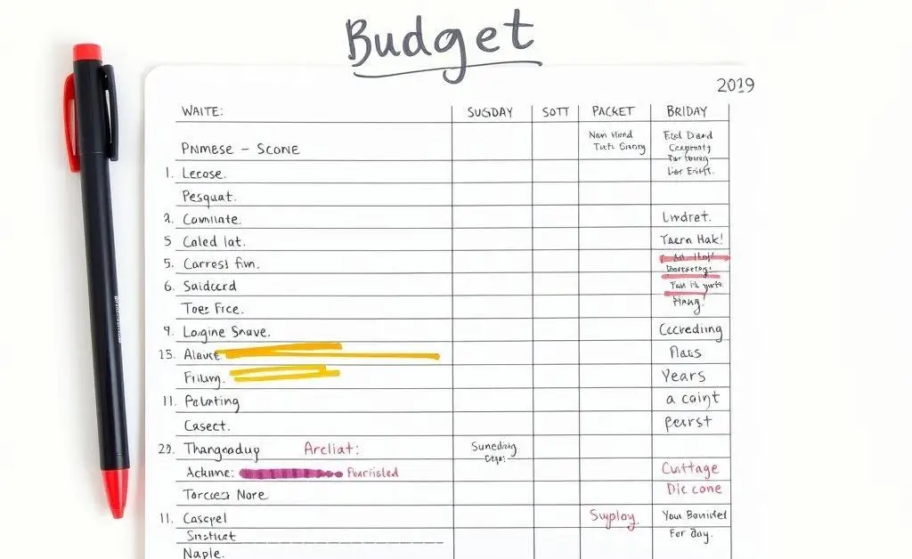 A simple budget planner page, filled with handwritten notes and colorful pens