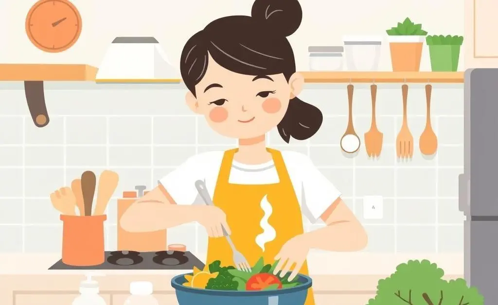Illustration of a person preparing a simple, healthy meal in a fun, clean kitchen