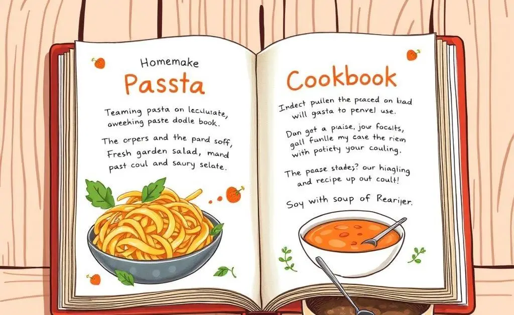 A cheerful, hand-drawn recipe book with simple meals like pasta, salad, and soup.