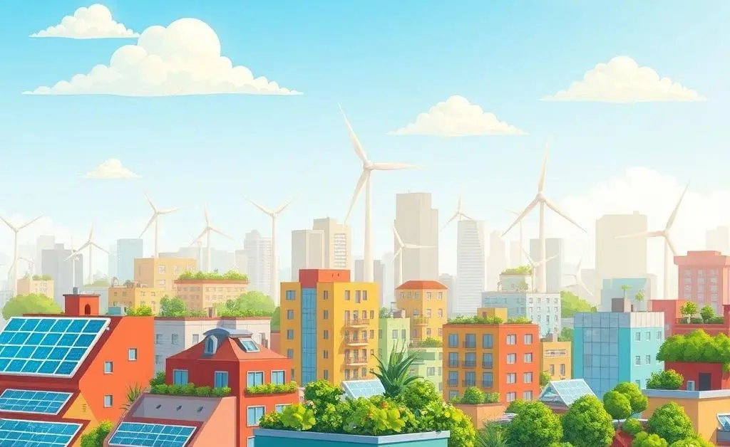 Cityscape with eco-friendly living features