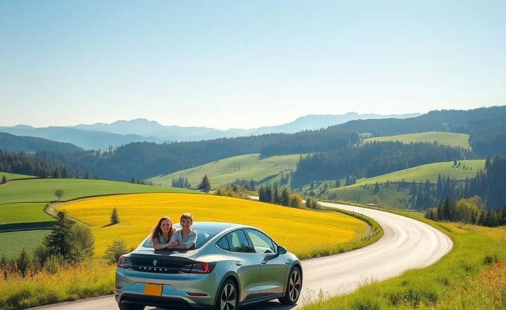 A family enjoying a road trip in an electric car, driving through scenic natural landscapes.