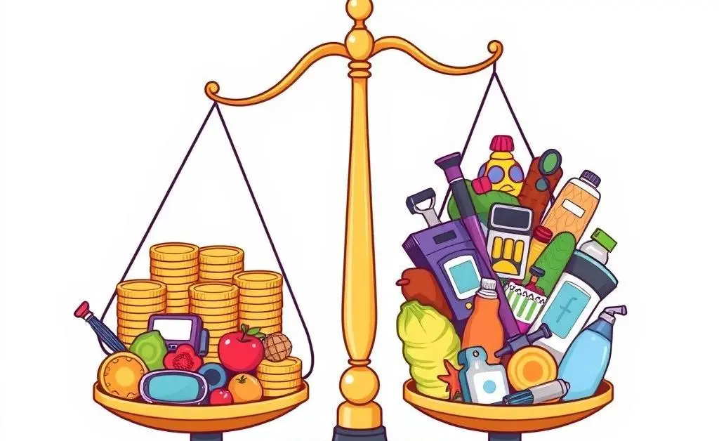 A balanced scale with money and products