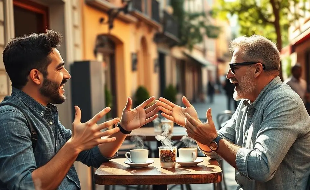 Two friends discussing global currencies over coffee