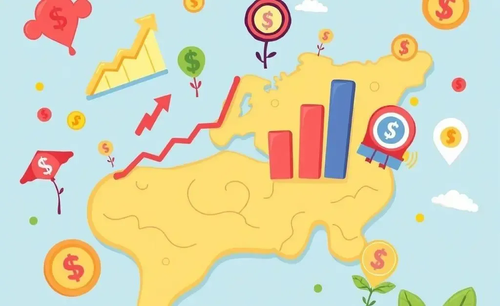 A map featuring economic graphs, dividend symbols, and growth plants.