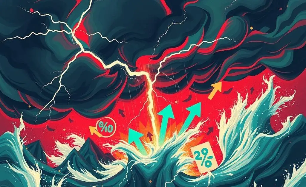 Illustration of various economic factors like inflation and interest rates coming together in a storm