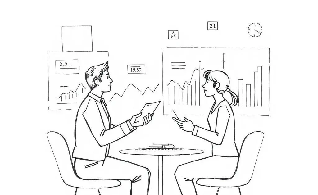 Two individuals discussing financial forecasts, surrounded by charts